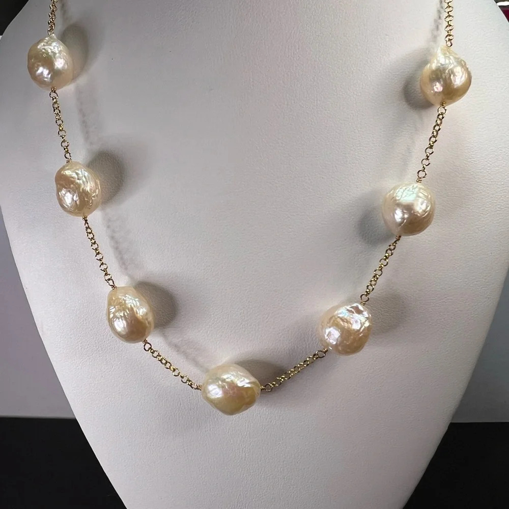 13-15mm baroque pearl station necklace in gold over sterling silver